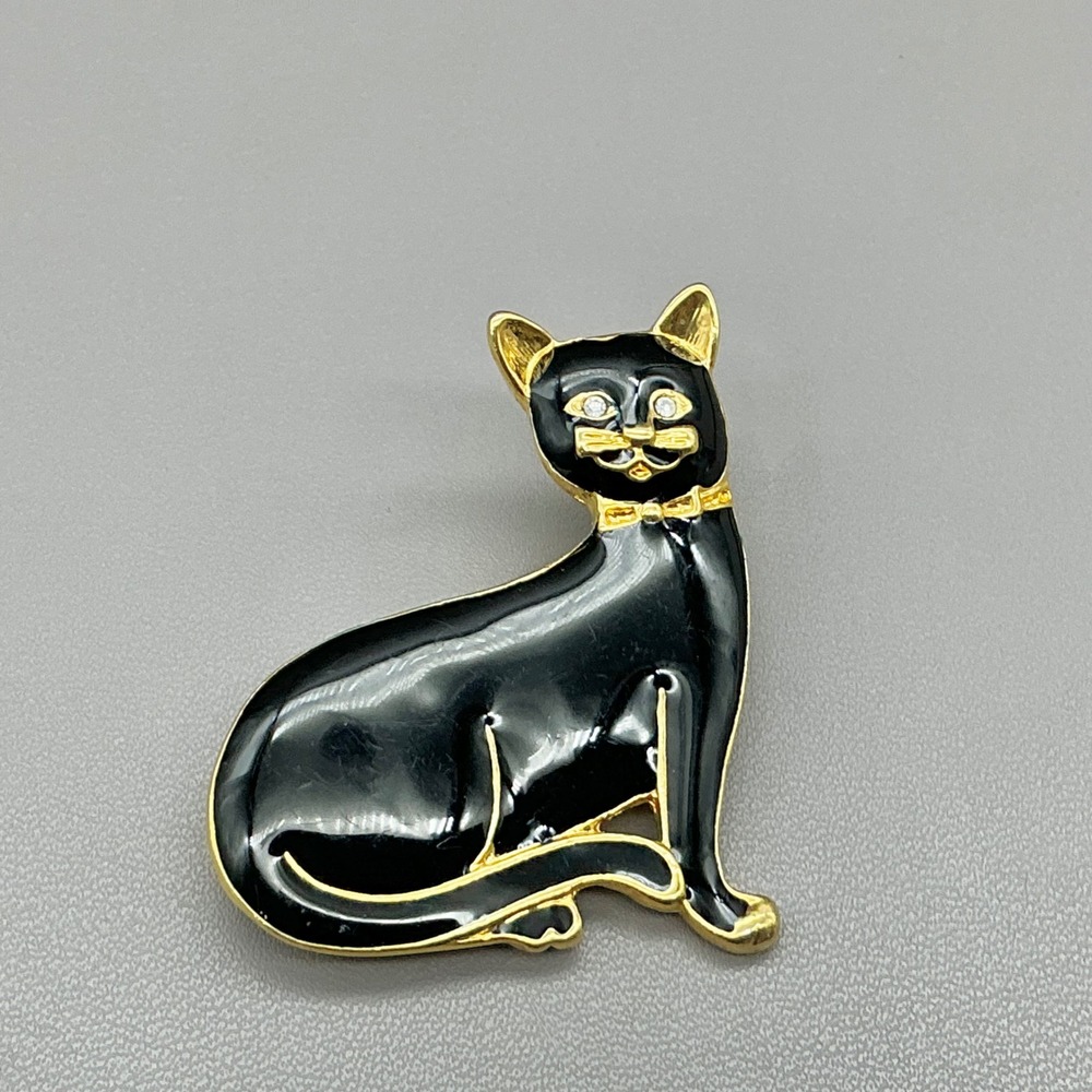 Brooch Women Black Enamel Gold Tone Sitting Cat Rhinestone Eyes Pin 1.75 Inch